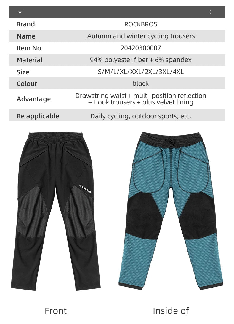 ROCKBROS Winter Cycling Pants Men Fleece Sport Reflective Trousers Keep Warm Thermal Bicycle Bike Mtb Pants Running Clothings