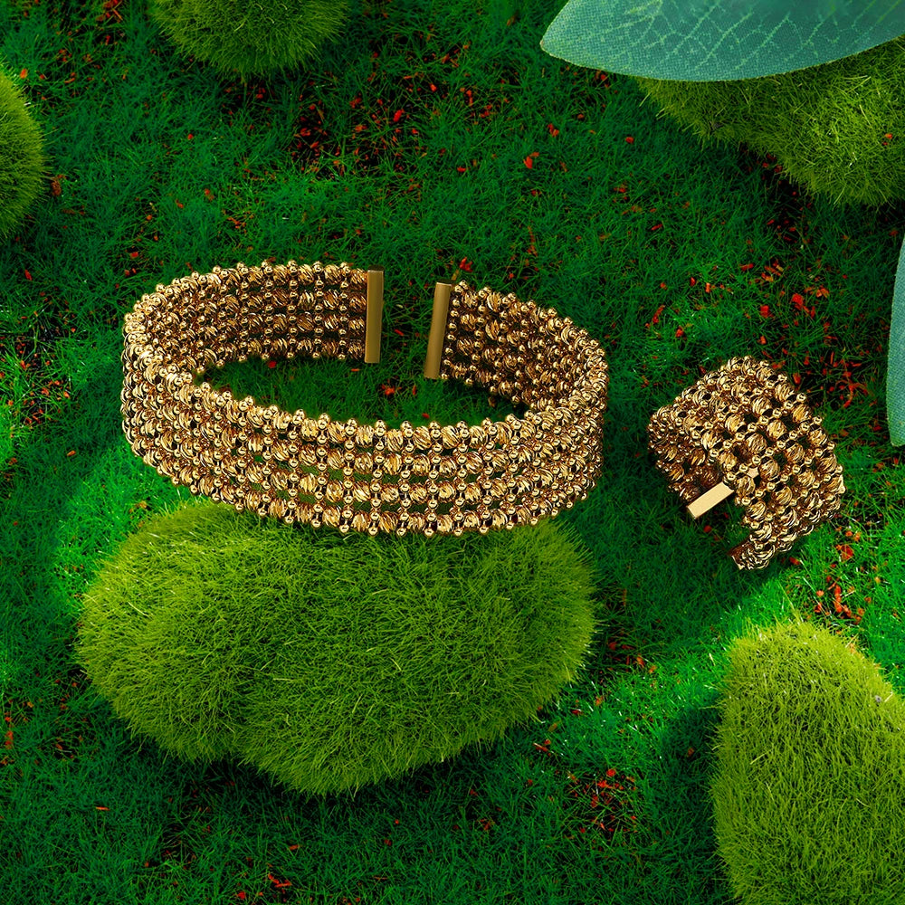 Luxury Cuff Bangles and Ring Set Gold Color Beads Arabic Dubai Wedding Bridal Jewelry Set Women Party 2 pcs Hand Jewelry