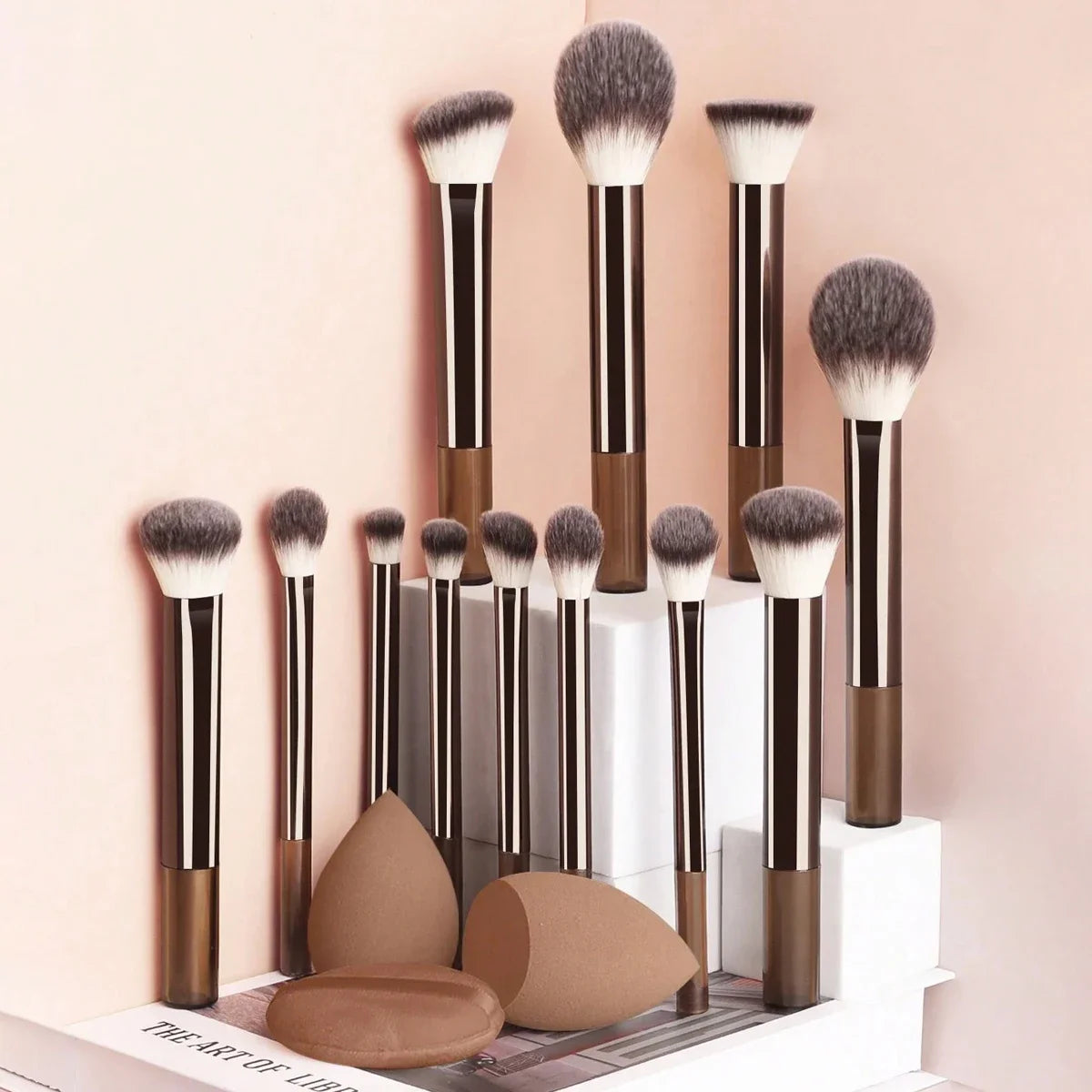 12pcs Professional Makeup Brush Set Incl. Eyeshadow, Powder, Blush Brushes, 2pcs Makeup Sponges, 1pc Powder Puff, Complete Trave