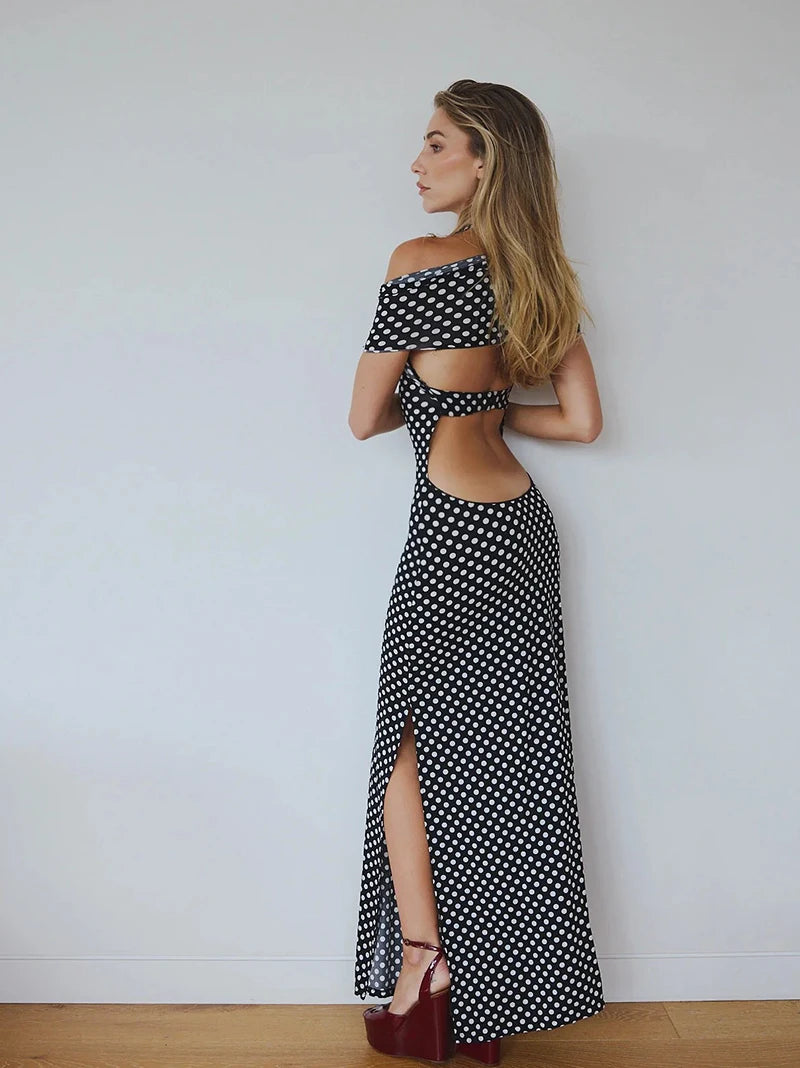 Mozision Off-shoulder Polka Dot Maxi Dress For Women Gown Fashion Halter Sleeveless Backless bodycon Split Long Dress Elegant