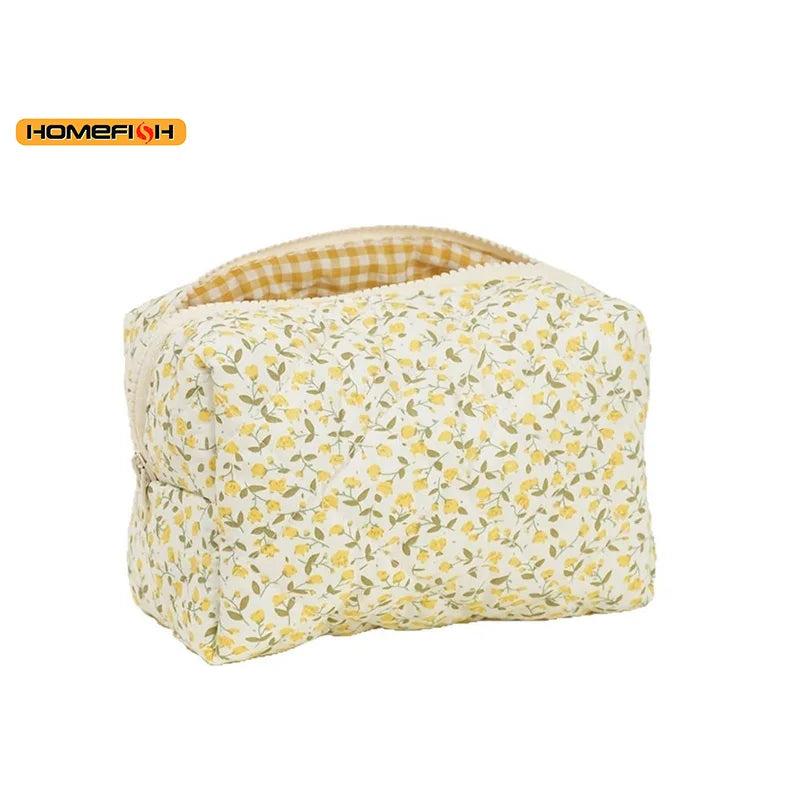 Floral Puffy Quilted Makeup Bag Large Capacity Travel Cosmetic Pouch Flower Print Storage Organizer for Women Daily Travel Use