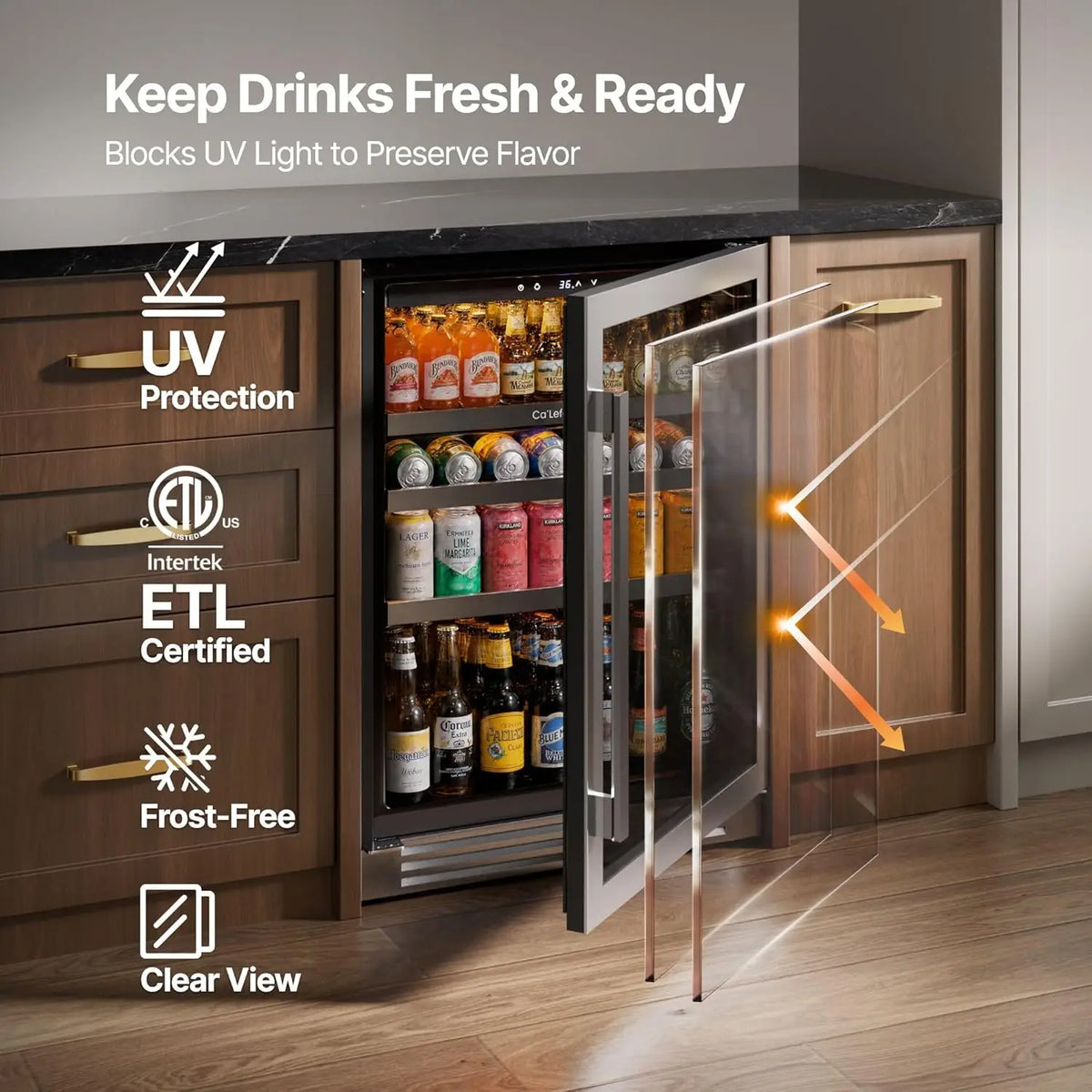 Beverage Refrigerator 24 Inch, 180 Cans Mini Fridge with Double Glass Door, Built-in or Freestanding Drink Cooler with, Custom