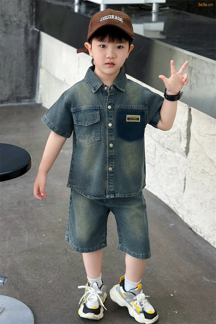 2025 Trendy Boys' Denim Set Vintage Wash Short Sleeve Shirt & Shorts 2-Piece Summer Outfit