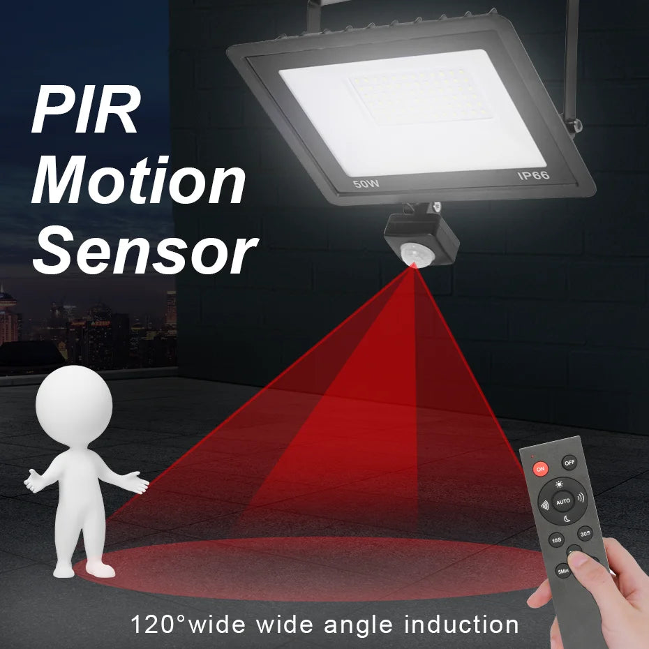 Outdoor LED Floodlight PIR Sensor 10W 20W 30W 50W 100W Cold White IP66 AC220V Garden/Street Reflector Spotlight with IR Remote