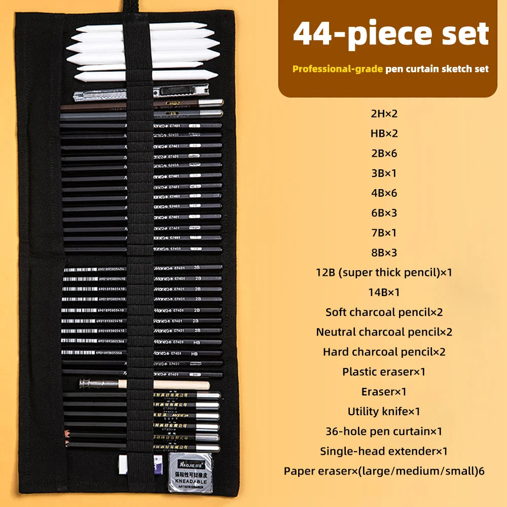 Sketching Pen Set Drawing Kit Student Portable Pen Curtain Charcoal Pencil Sketch Pencil Charcoal Stick Sharpener Eraser Set Box