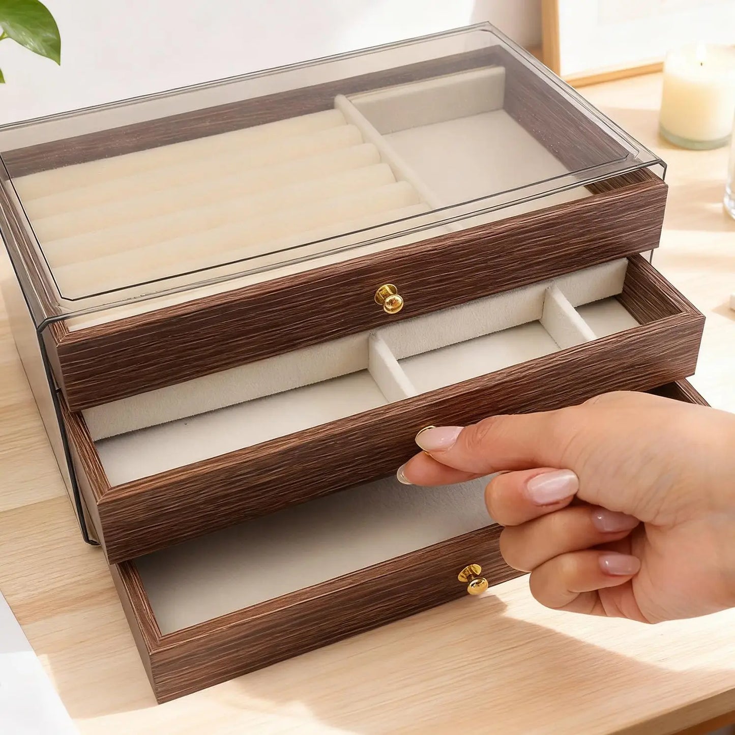 3-layer Large Capacity Drawer Walnut Wood Jewelry Storage Box Suitable for Earring Necklace Ring Jewelry Oxidation Prevention