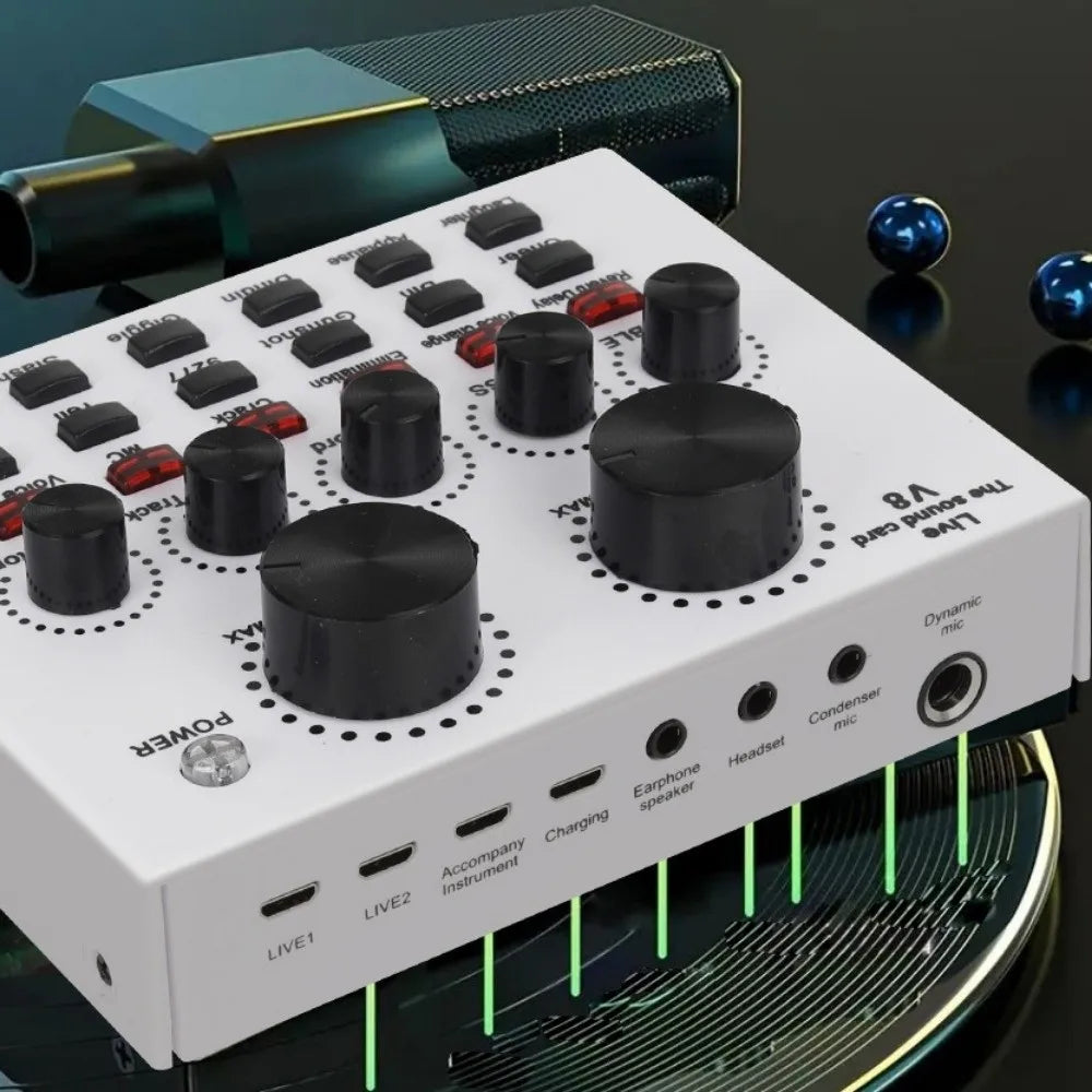 Audio Mixer V8 Sound Card Karaoke Recording Studio Record Mic Sound Card Black White External Sound Card Mobile Record