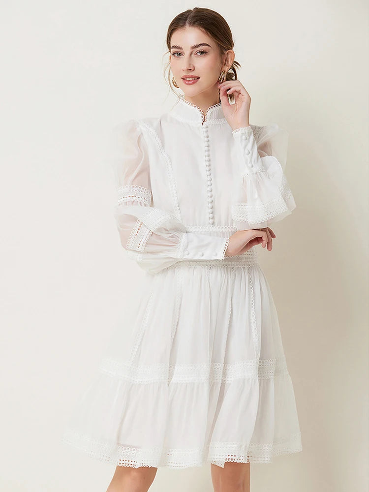 Luxury Vintage Women's Lace patchwork dress 2025 Spring Beach Long puff sleeve mini dresses White Black Lady vestidos 4D145