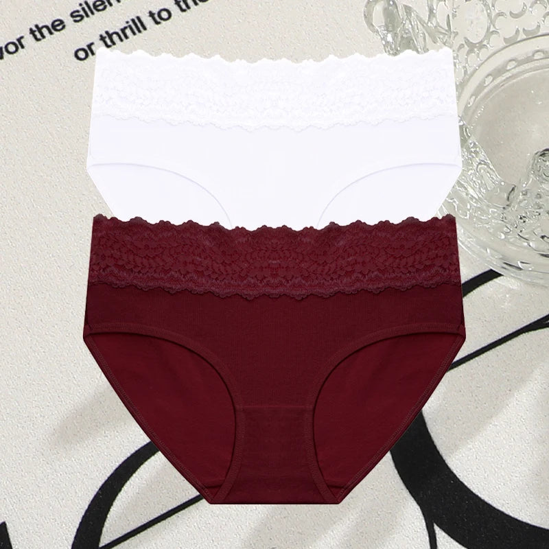 FINETOO 2Pcs Women Cotton Seamless Underwear Sexy Lace Waist Patchwork Panties Female Solid Briefs Plus size Breathable Lingerie
