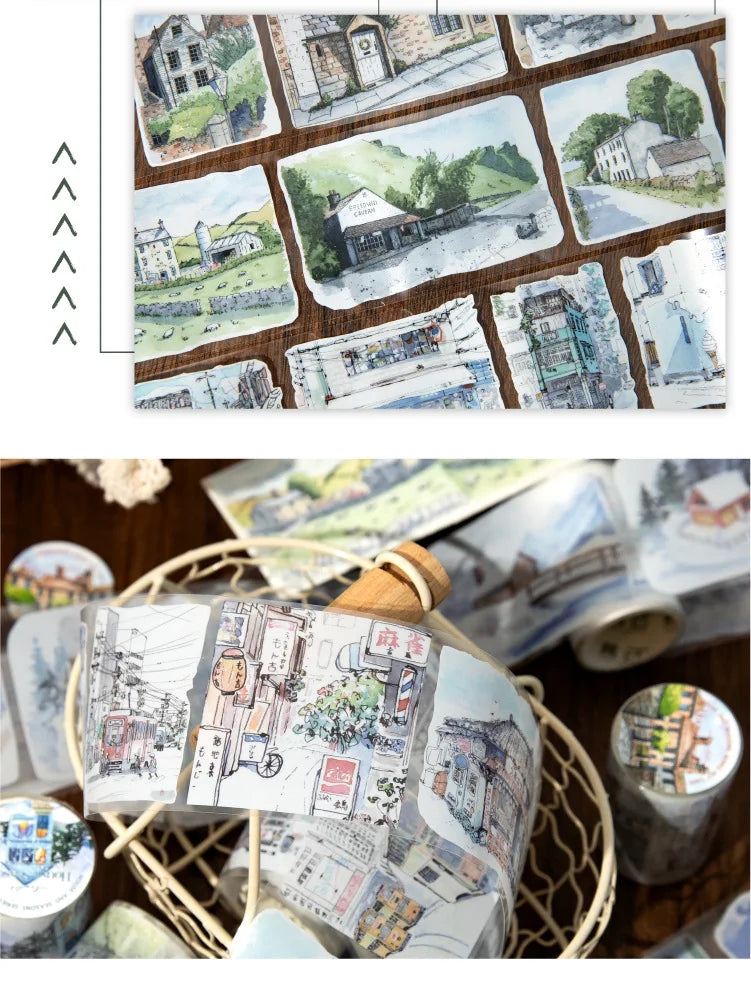 JIANWU 60mm*200cm Four Seasons with You Series Vintage Building Landscaping PET Tape Creative DIY Journal Collage Stationery
