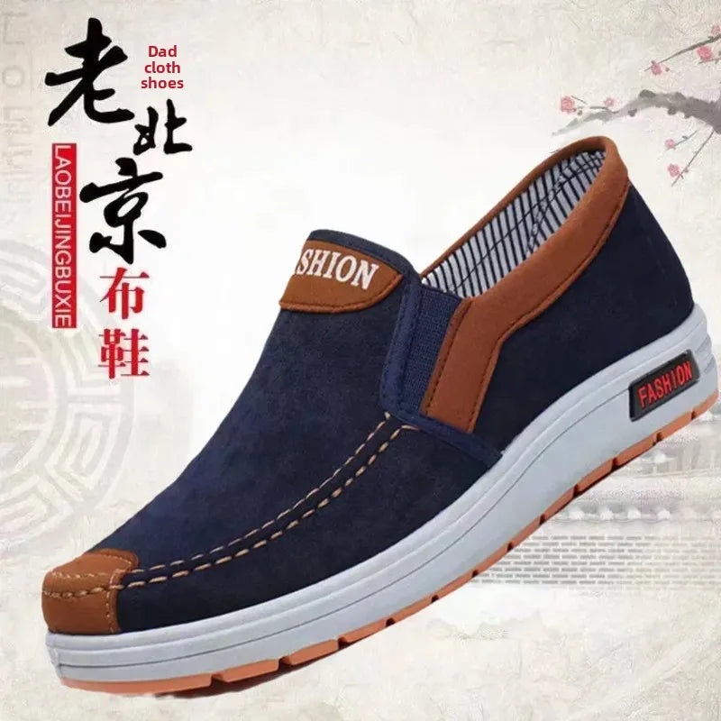 Beijing Men's Canvas Slip-On Shoes Soft Bottom Anti-Slip Breathable Casual Shoes round Toe Cotton Lined Plastic Outsole
