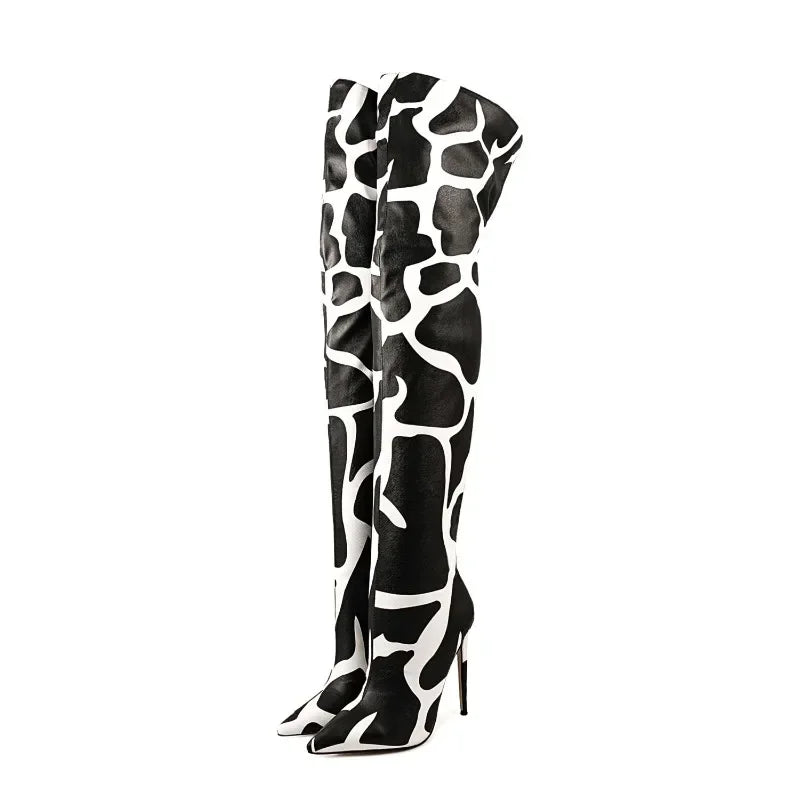 2024 Women's Euro-American Zebra Print Over-the-Knee Boots - Paneled Pointed-Toe Back-Zipper Stiletto, Plus Size Fashion Chic