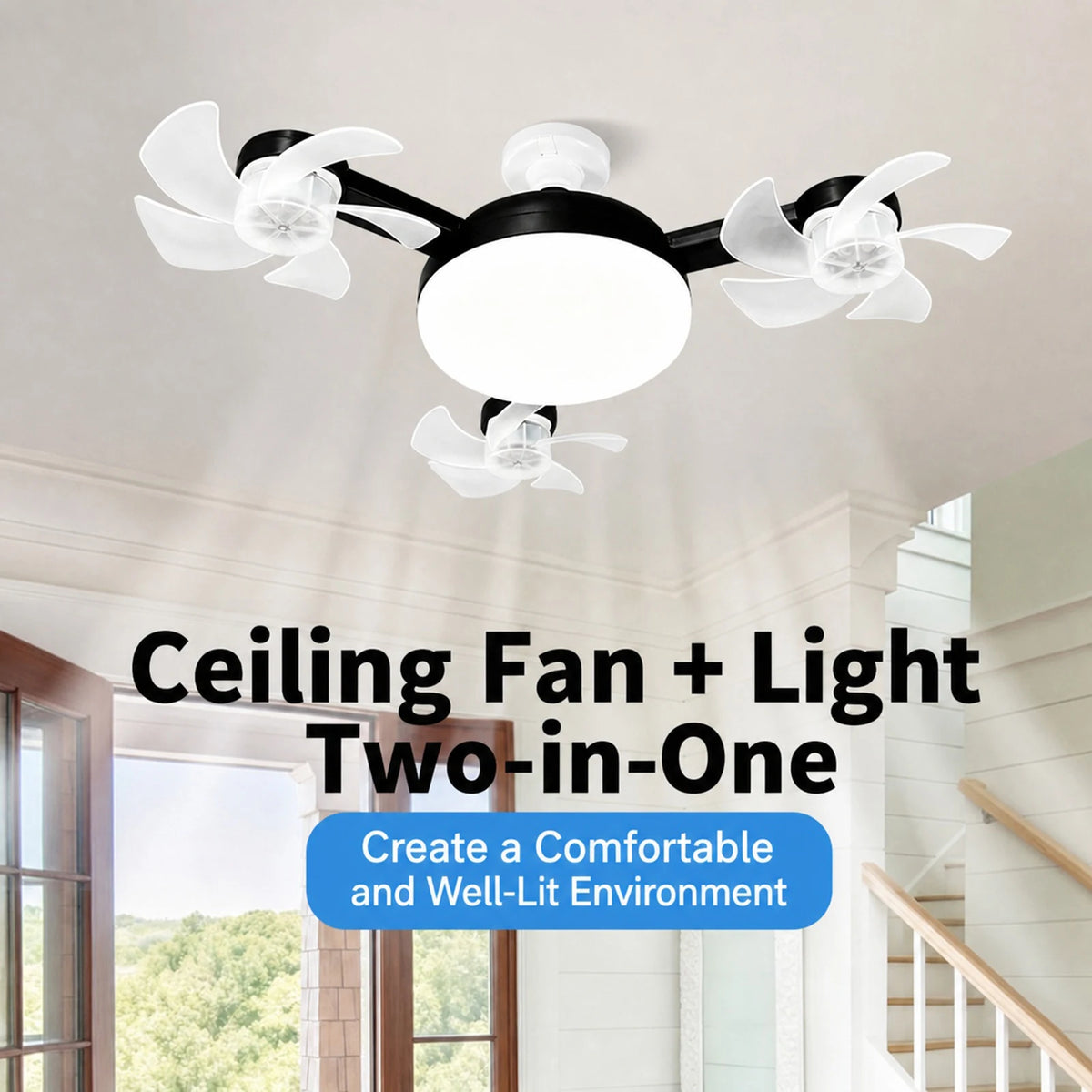 E27 Dimmable LED Socket Drone Fan Light with RC & Extension Rod 2 In 1 Hanging Fans 3-Speed for Bedroom Kitchen Working Space