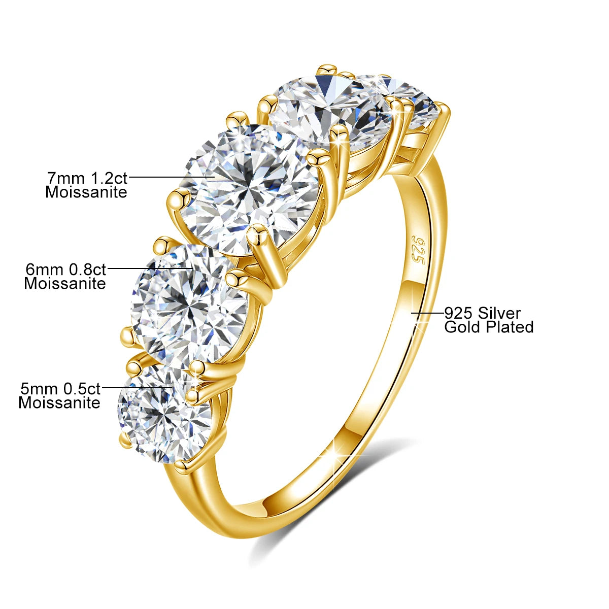 18k Plated 3.8CTW Genuine Moissanite Rings for Women 5 Stones Sparkling Bridal Wedding Jewelry 925 Sterling Silver Ring