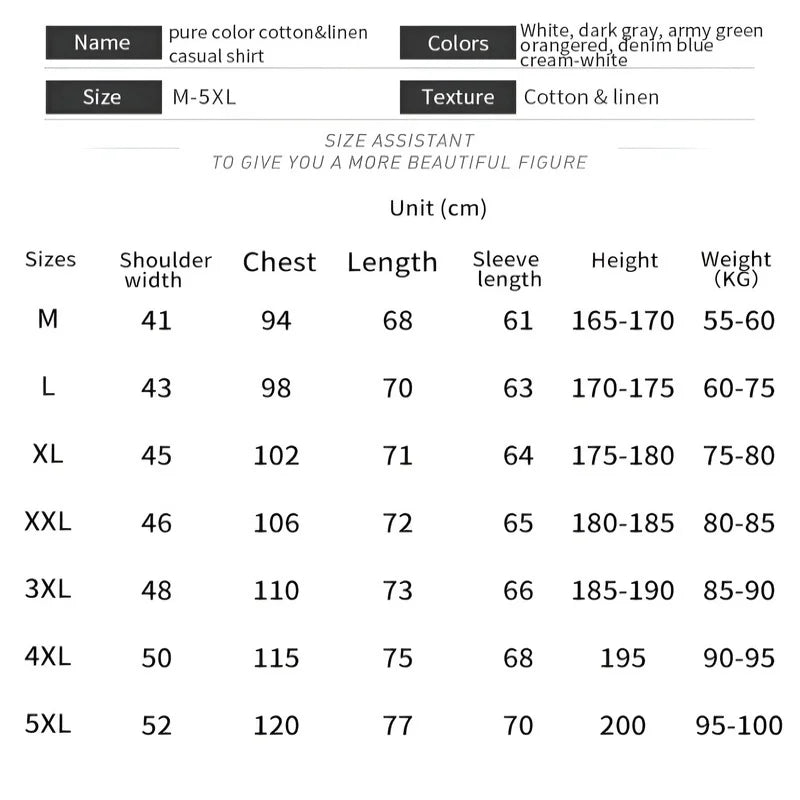 Men’s Solid-color Cotton Linen Shirt Long Sleeve Plus Size Casual