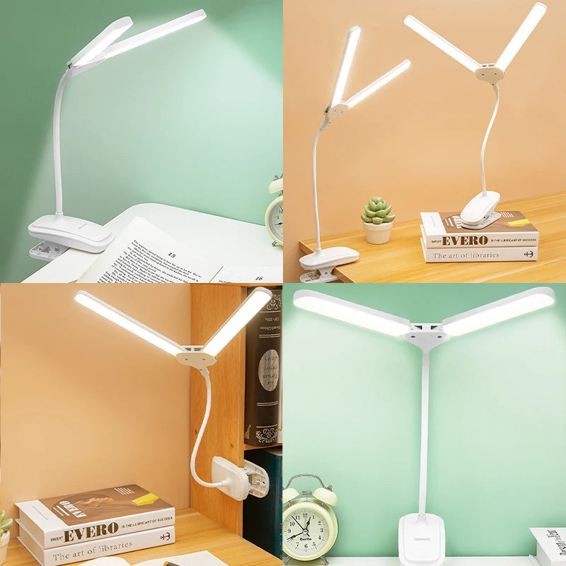 Dual Head Clip Table Lamp LED Rechargeable Eye Protection Desk Lamp Flexible Dimmable Night Lamp For Children Study Kids Reading