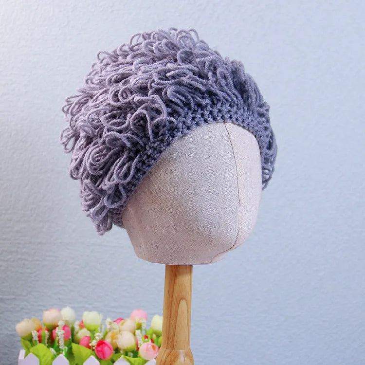 Cosplay Kids Boy Girl Hat Cute Old Lady Woman Curly Hair Wig Cap Skullies Beanies Winter Warm Knit Children Baby Hats and Caps