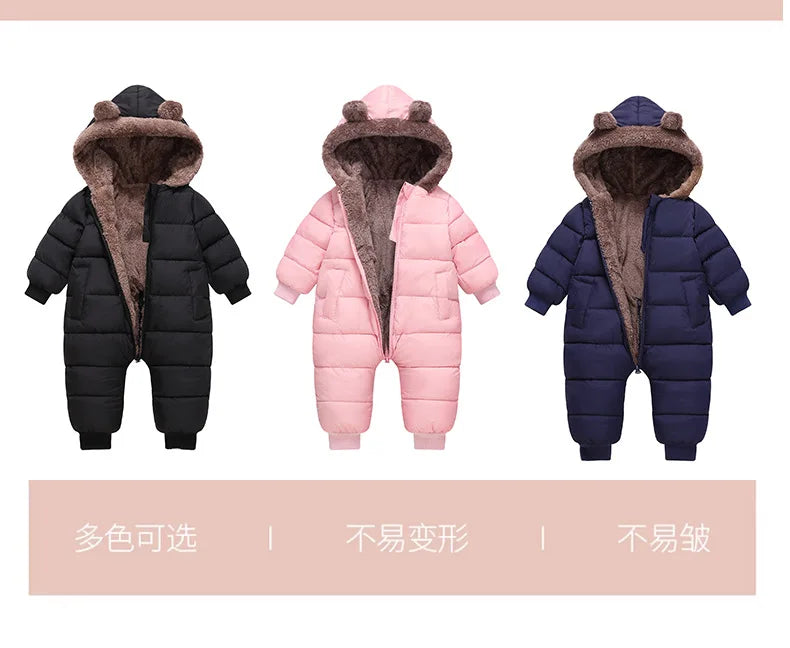 Autumn Winter Newborn Boys Girls Rompers Fleece-lined Zipper Keep Warm Hooded Bodysuits For Baby Kids Children Birthday Present