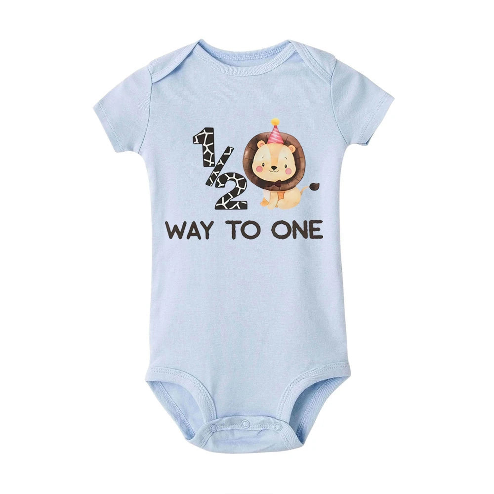 1/2 Way To One &lion Pattern Print Baby Boys Romper Baby's Half Birthday Short Sleeve Bodysuit Birthday Party Infant Clothing