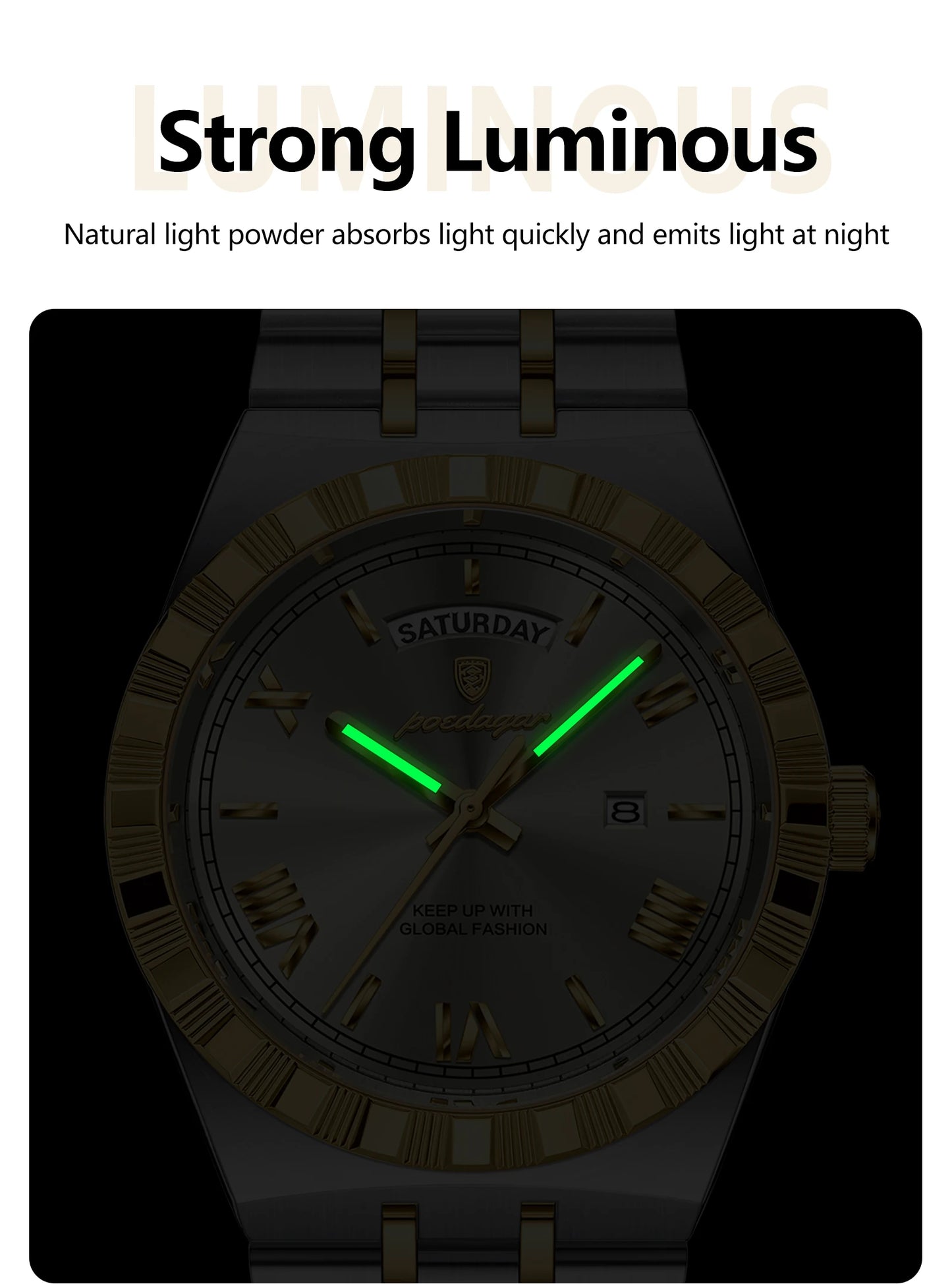 POEDAGAR Original Male Watch Luminous Waterproof Week Date Men Wristwatch Stainless Steel Business Quartz Men's Watches Gift+Box