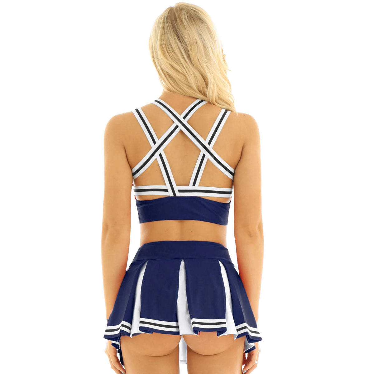 Women's Cheerleader Cosplay Costume Uniform Outfit Stand Collar Crop Top with Mini Pleated Skirts Carnival Cheerleading Suit