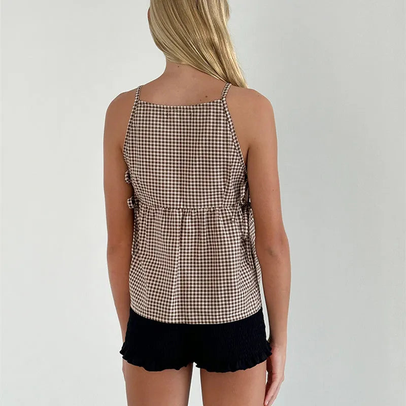 Cute Women Y2k Babydoll Tank Top Cute Tie Up Side Sleeveless Peplum Top Vintage Plaid Solid Cami Tank Top Coquette Streetwear