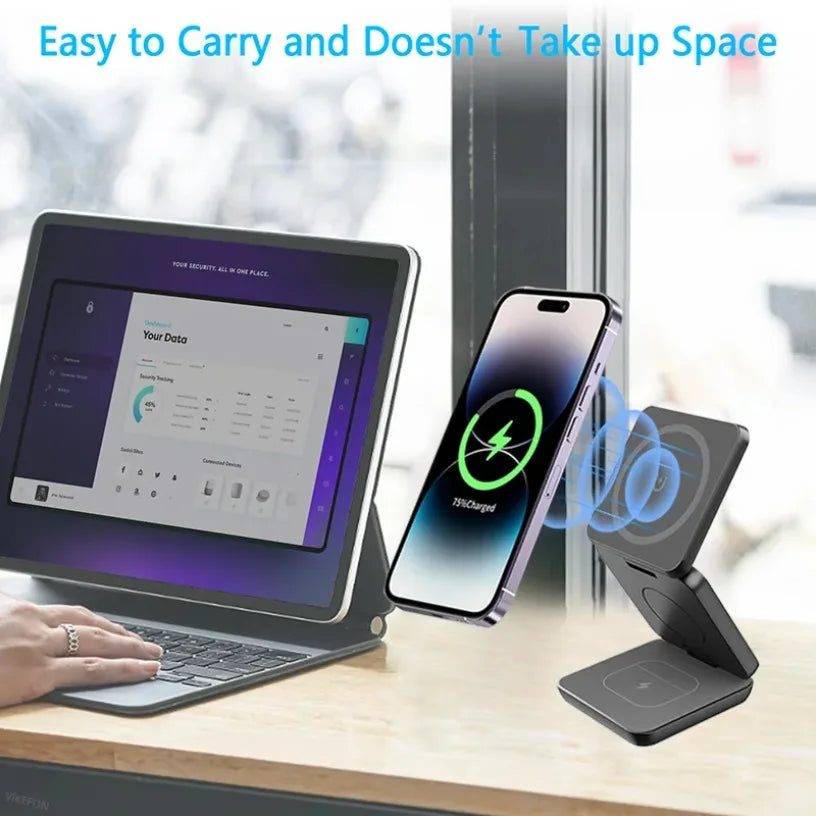 3 in 1 Foldable Magnetic Wireless Charger Stand for MagSafe Compatible iPhone 17 16 15 Apple Watch AirPods Pro 2 Strong Magnetic
