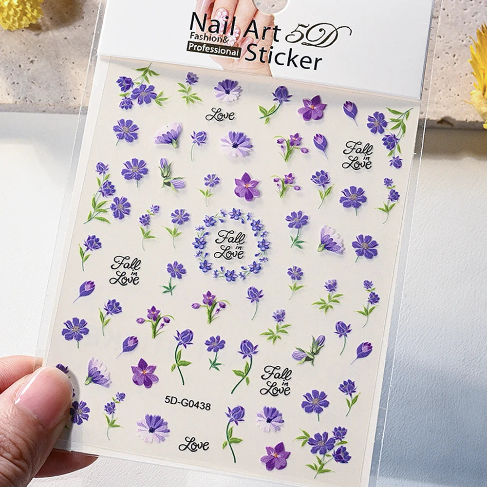 1Pc 3D Lavendar Flowers Stickers for Nails Spring Sakura Floral Leaves Self-Adhesive Sliders Decals Art Manicure for Decoration