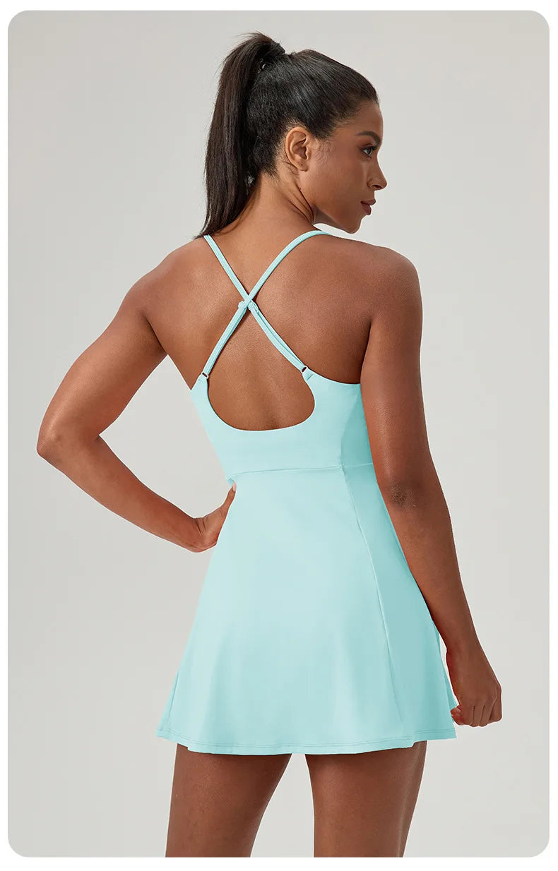 European and American summer fitness one-piece tennis skirt with chest pad women's quick-drying sports dress running skirt 52166