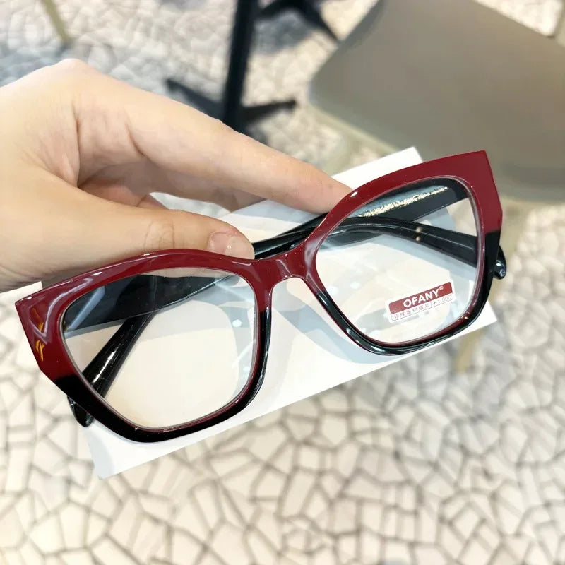 Women's Fashion Glasses Anti-Blue Light Trendy Luxury Large Frame Cat Eye Presbyopia Glasses Full Frame Premium Color Blocked