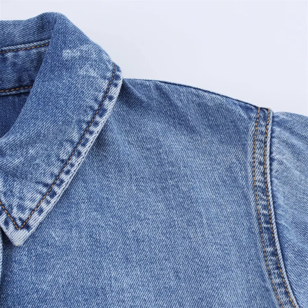 Women's Versatile Denim Long sleeved Short Shirt Top Long pants Set Spring/Summer New Product Casual Women's Wear