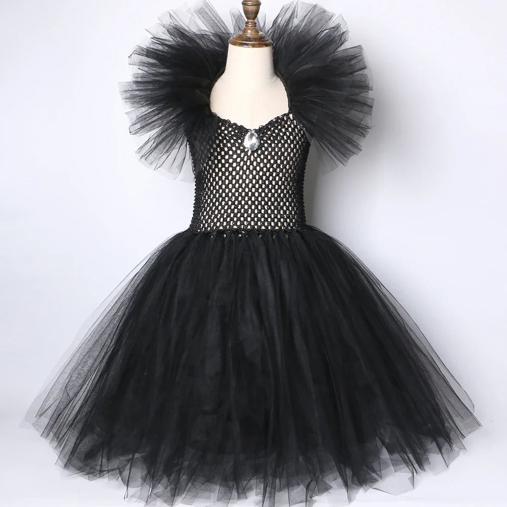 Girls Black Evil Queen Maleficent Tutu Dress Horns Wings Dark Witch Cosplay Carnival Halloween Costume for Kids Fancy Clothes