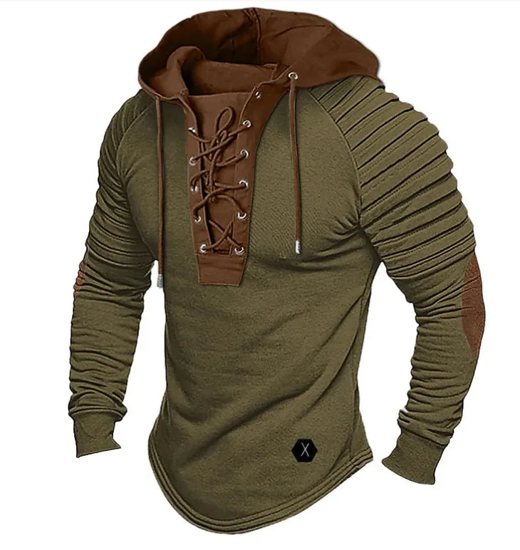 Men’s Lace-Up Hoodie Long Sleeve Pullover Slim Fit Sweatshirt Ribbed Arm Patchwork Design Off White Streetwear Tops