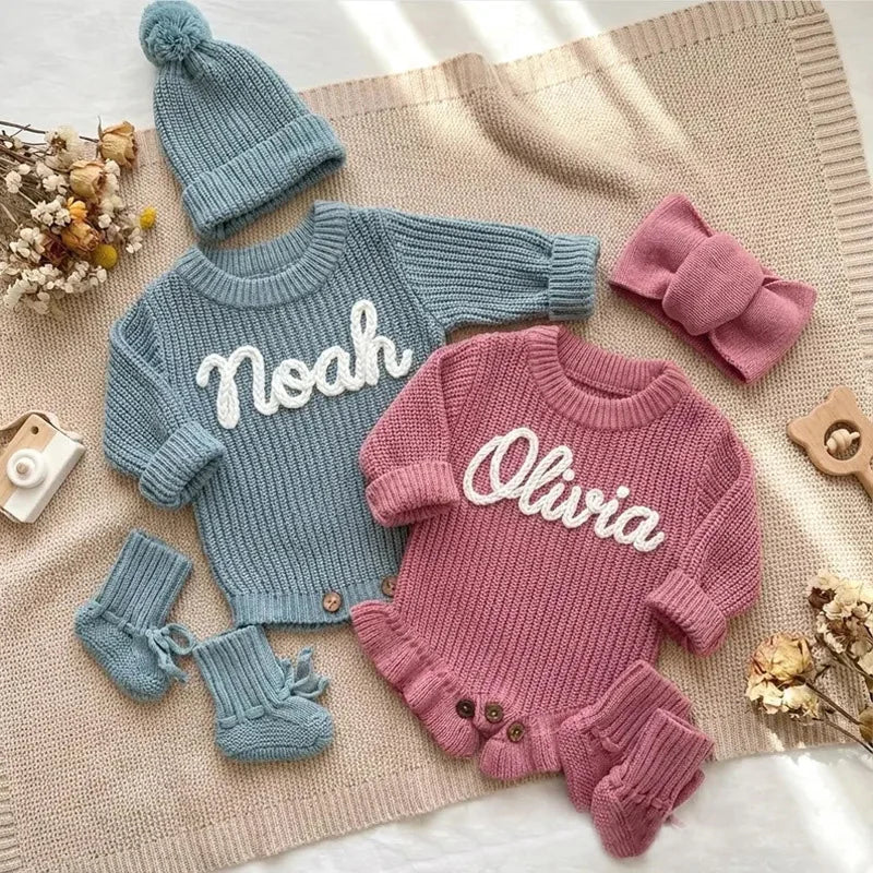 Personalized Name Baby Romper Autumn Winter Warm Knitted Sweater Jumpsuit Infant Outfit Hat Socks Set Newborn Clothes Gift