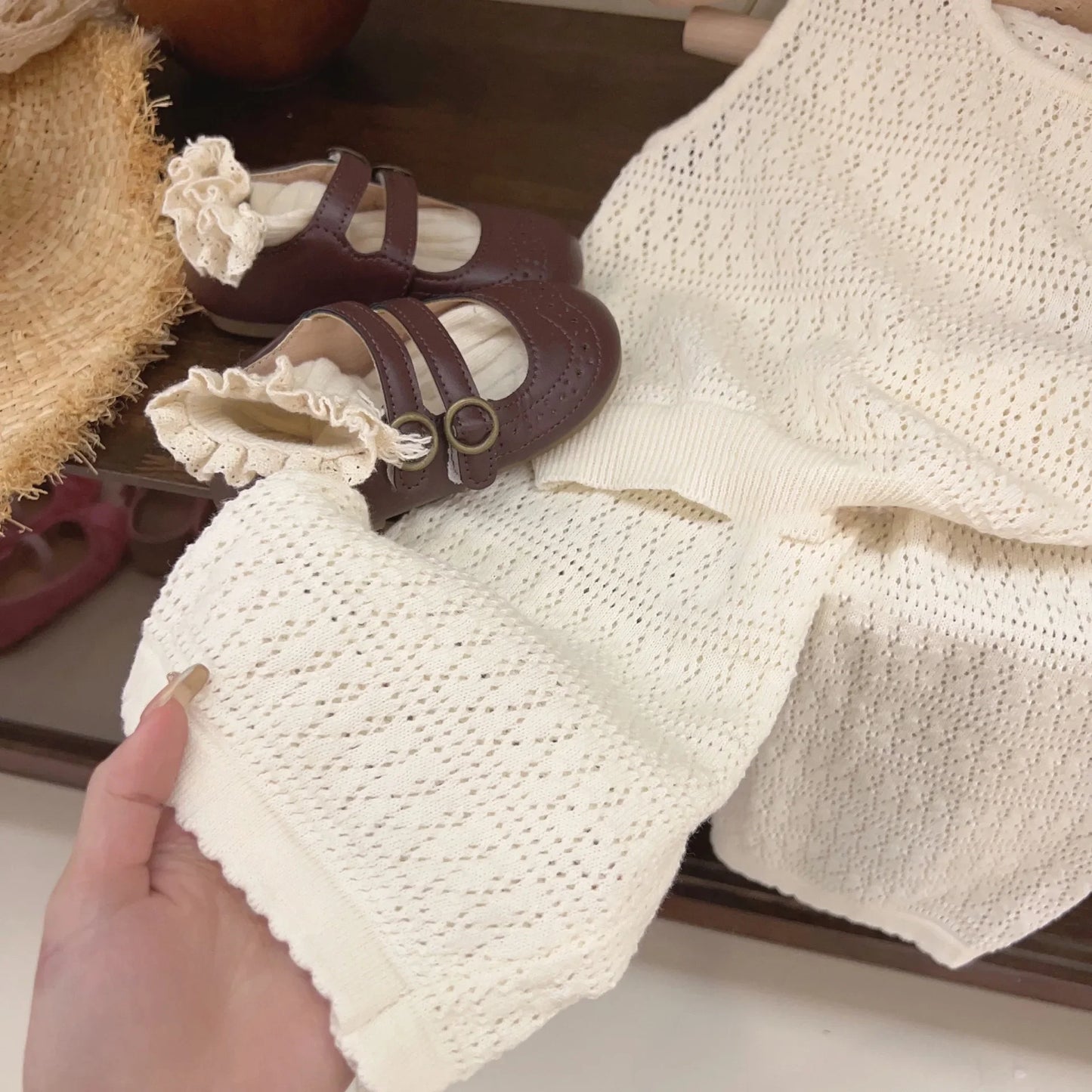 Girls Summer Clothing Set 2025 Kids Knitted Hollow Lace Suit Girl Fashion Breathable Vest + Wide Leg Pants Outfits Children Sets