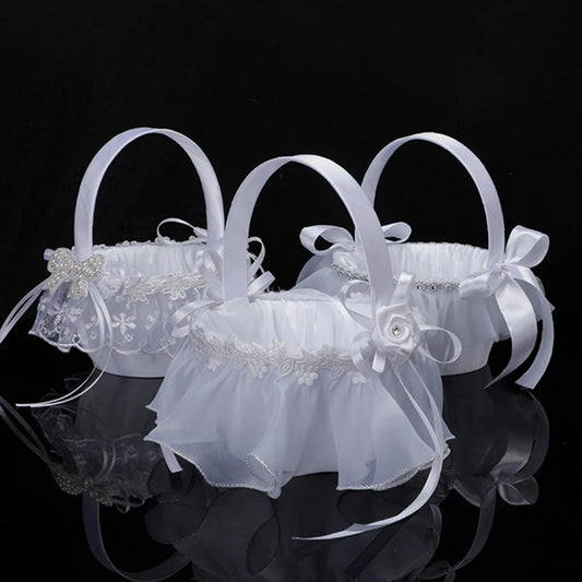 White Flower Girls Basket Simple Wedding Flower Basket  Bride Bridesmaid Hand Held Basket Wedding Ceremony Party Decorations