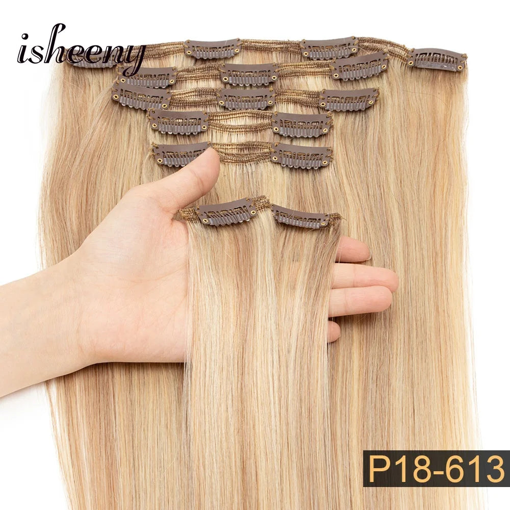 Isheeny 12"-24" Clip In Human Hair Extensions Brazilian Remy Natural Clip Human Hair Extension Real Natural Clip On 50G-120G NEW