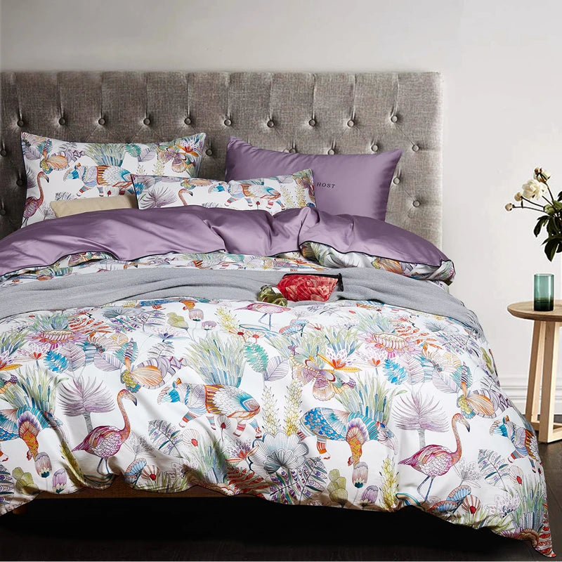 Egyptian Cotton Flower Bird Digital Printing Bedding Sets, Bed Linen Duvet Cover Set, Luxury Bed Sheets, Pillowcase, 600TC, 4Pcs