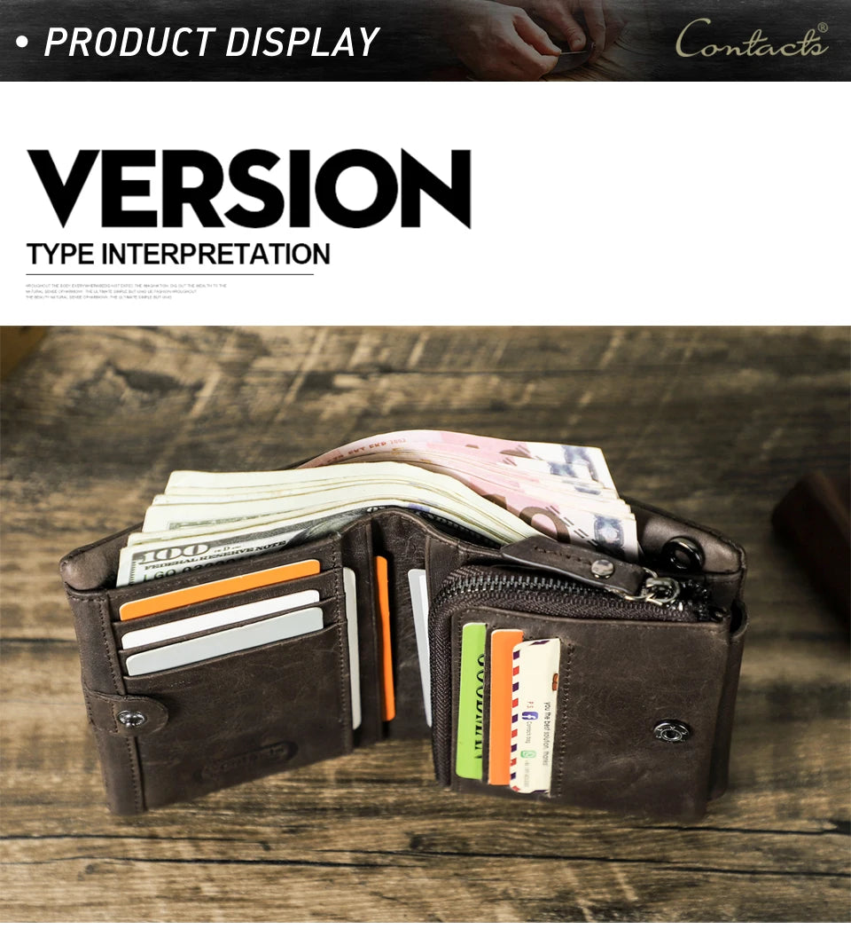 CONTACT'S Genuine Leather Men Wallet Vintage Trifold Hasp Wallet Zipper Coin Purse Card Holder Money Clip Men's Wallets