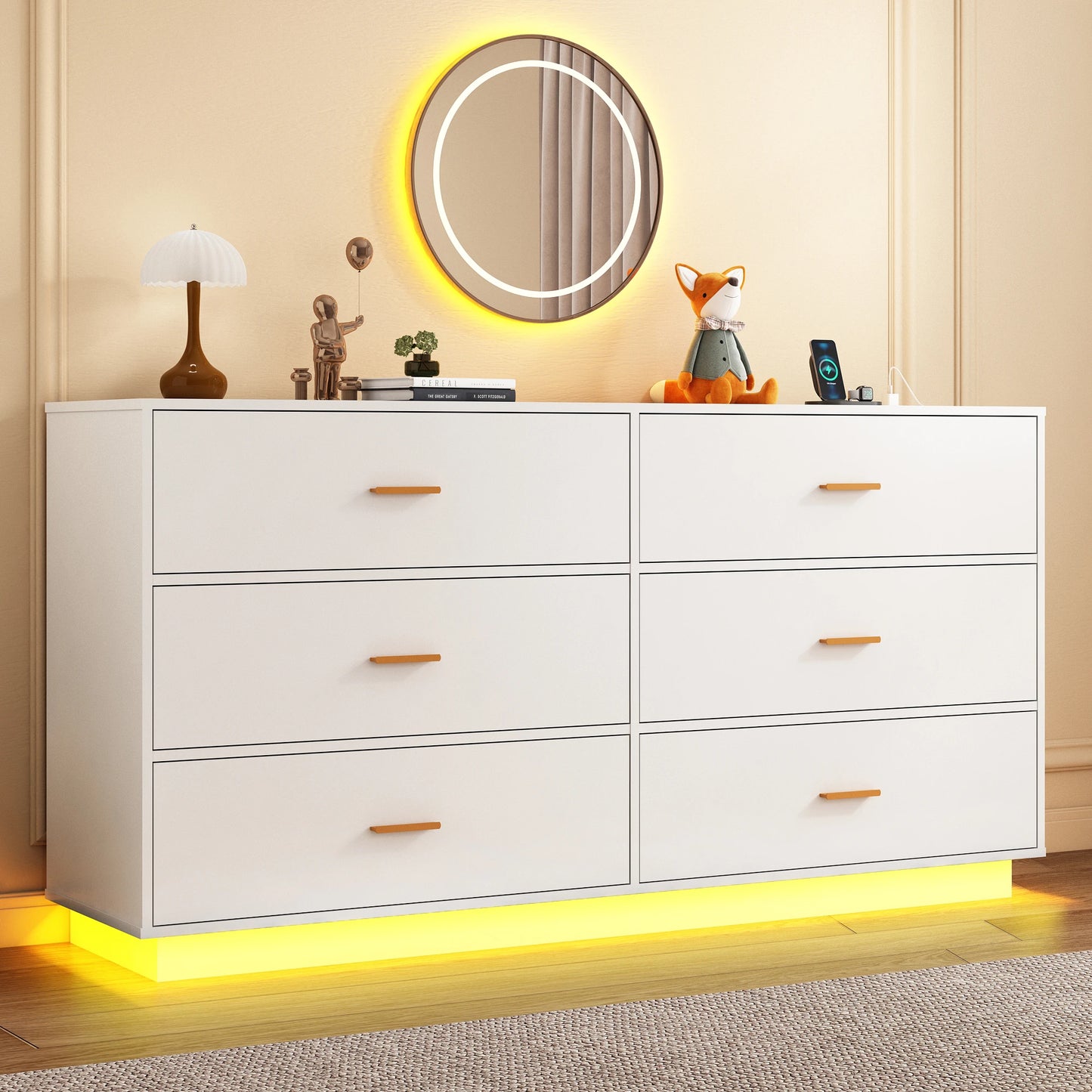 6 Drawers Dresser w/Power Outlet, 59" Long Wooden Dresser Chest, 60000-Colors Lights for Bedroom, Metal Handles of Drawers