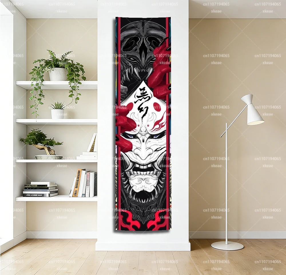 Japanese Oni Hannya Mask Tapestry, Samurai Demon Vertical Wall Hanging, Anime Aesthetic Room Decor