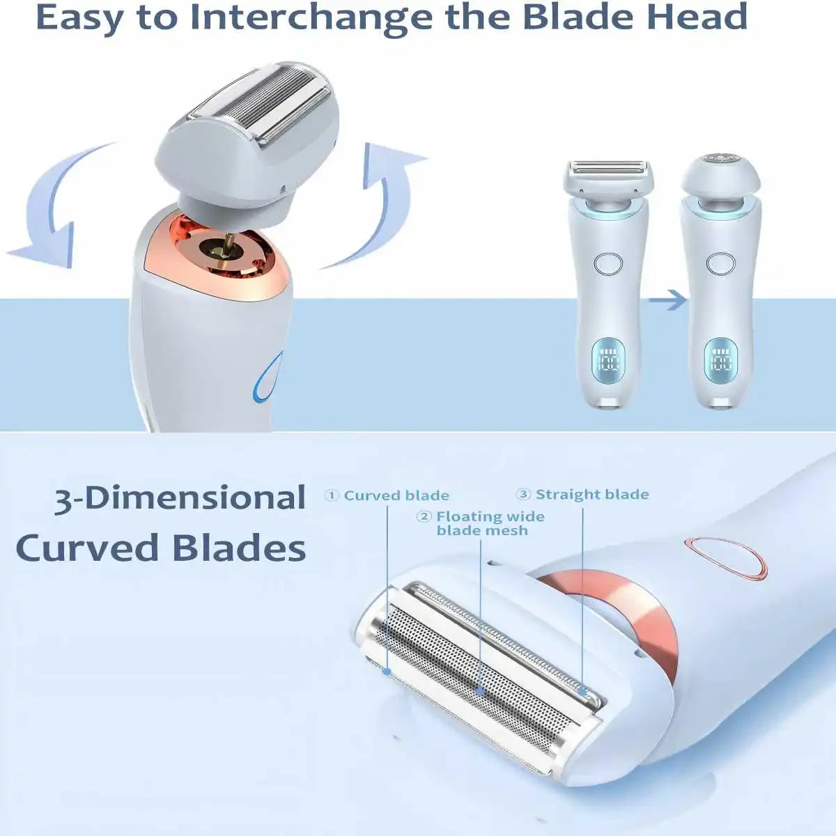2 in 1 Lady Hair Removal Device Electric Shaver & Bikini Trimmer IPX7 Waterproof Face & Body Hair Remover for Legs Underarms