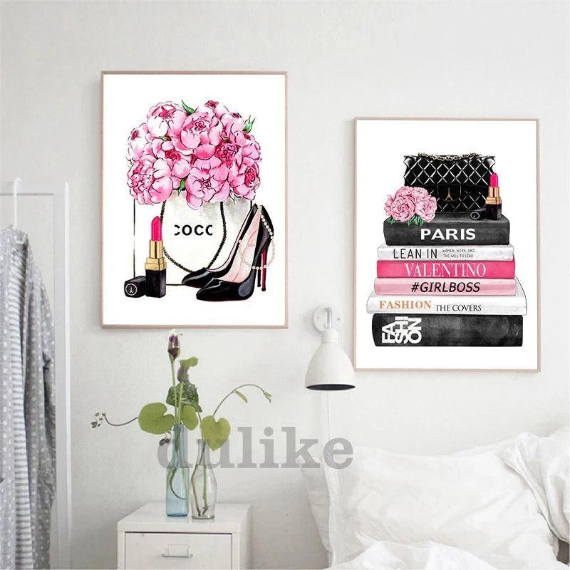Fashion Magazine Wall Art Prints High Heels and Lipstick Modern Picture Poster Pink Flower Canvas Painting Girls Room Home Decor