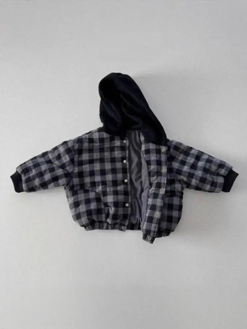 2025 Winter New Baby Warm Plaid Coat Kids Boys Girls Hooded Cotton Padded Jacket Kids Vintage Windproof Tops Children Clothes