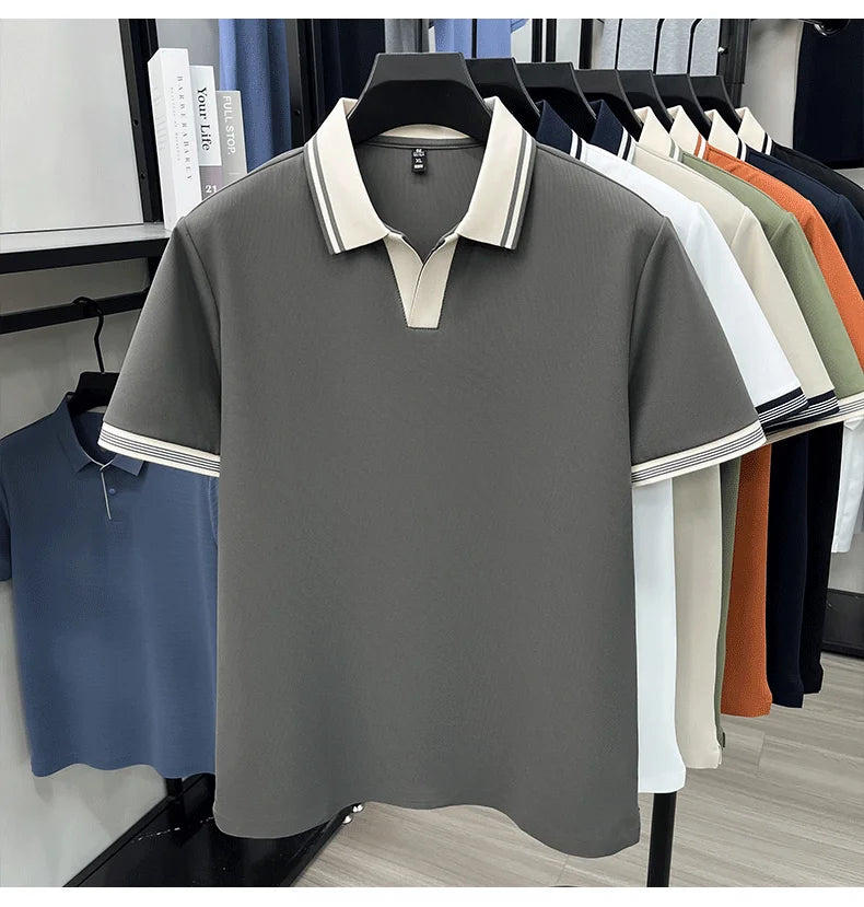 Light luxury summer new short sleeve polo shirt silky breathable high-end men's fashion personalized color blocked lapel T-shirt