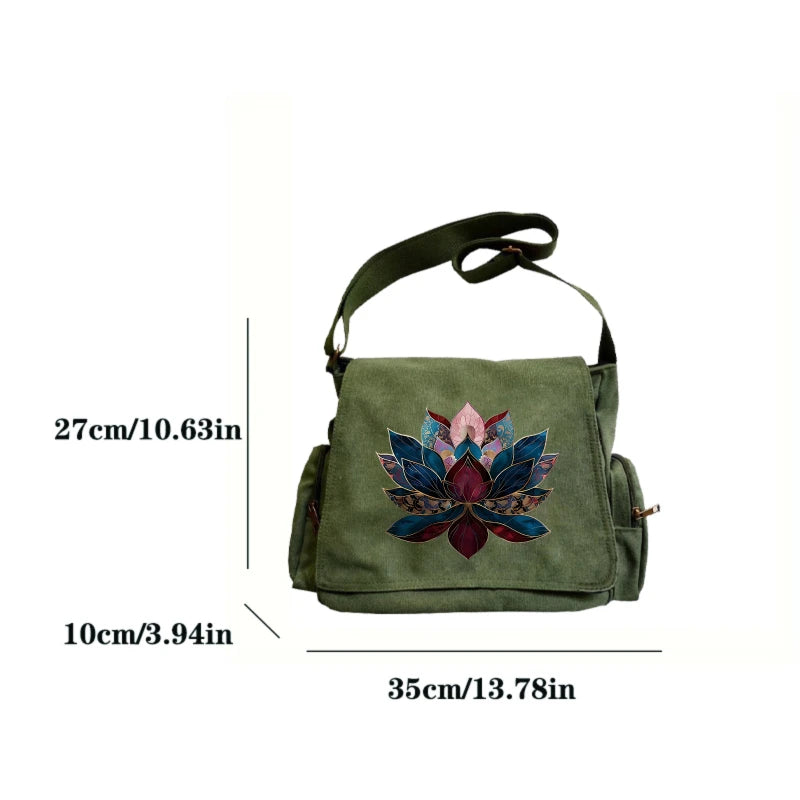 Vintage Women's Shoulder Bag Canvas Lotus Print Large Capacity Crossbody Bag for Travel Messenger Bag
