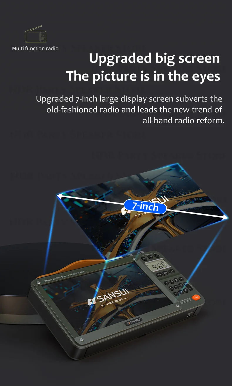 SANSUI Portable FM/MW/SW Radio 7-inch HD LED Display Radio Wireless Bluetooth Speakers Dual TF Card Slot MP4 Video Music Player