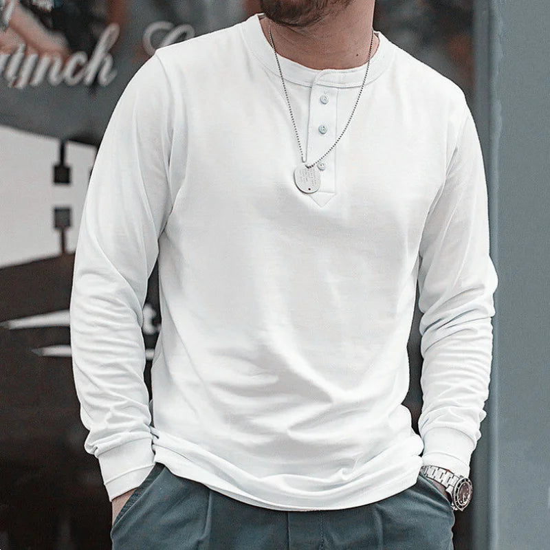 Vintage Daily Stand Neck T-shirt Men's Solid Patchwork Button Trendy Temperament Simple Cotton Long Sleeved Top JJ356