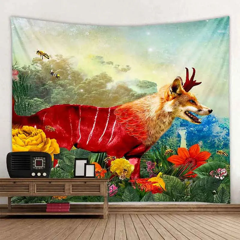 Psychedelic Animals Tapestry Wall Hanging Retro Tropical Plants Background Cloth Boho Hippie Kawaii Home Decor Yoga Mat Sheets