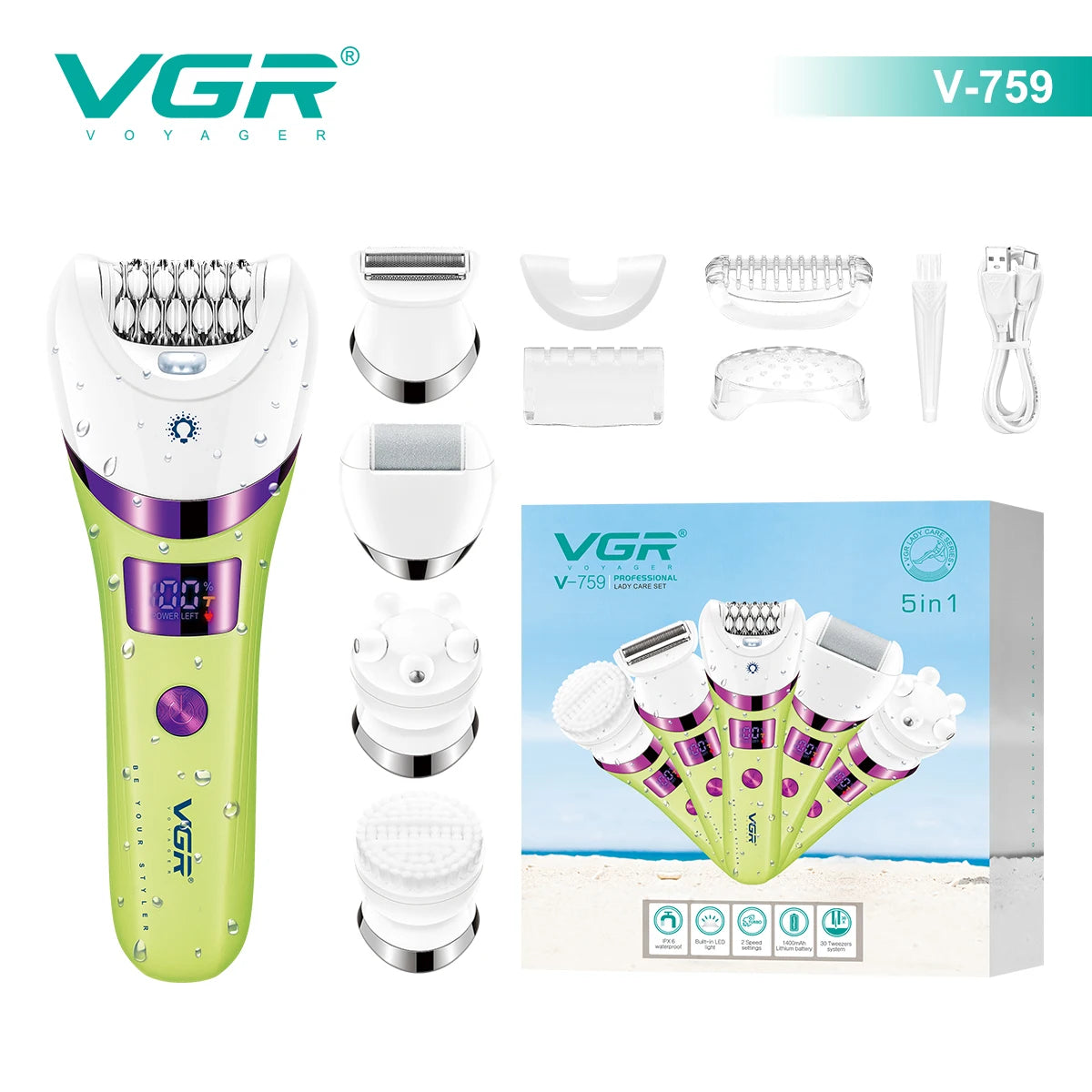 VGR Hair Removal Professional Body Care Trimmer 5in1 IPX6 Waterproof Hair Trimmer LED Two Speeds Electric Razor for Women V-759